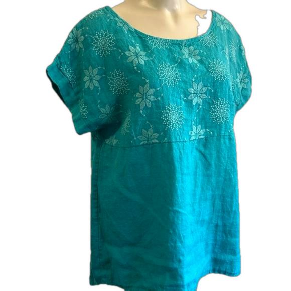 Terzo Millennio  linen / floral embroidery mint turquoise blouse LARGE Italy - Picture 3 of 9
